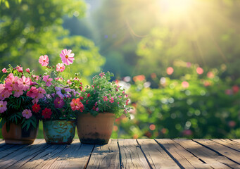 beautiful flowers on wooden terrace