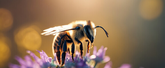 Bee perched on a purple flower, illuminated by the golden light of the sun. - obrazy, fototapety, plakaty