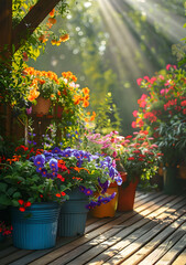 Fototapeta na wymiar beautiful flowers on wooden terrace