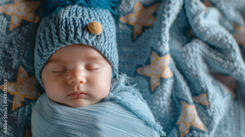 Wall mural serene newborn baby wrapped snugly in a blue textile, peacefully asleep, and wearing an adorable kni