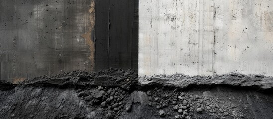 A textured black and grey concrete wall showcases a visually striking display of rough surfaces and irregular patterns. The contrast between the dark and light tones adds depth to the rugged