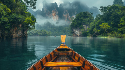 Fun boat trip. Magnificent nature of Thailand. Moving thai traditional Wooden boat sail among tropical islands at National Park. Summer vacation. Asia travel. Beautiful background. Tropical landscape. - obrazy, fototapety, plakaty