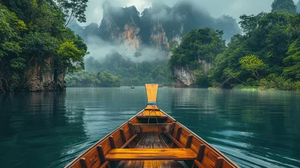 Foto auf Acrylglas Fun boat trip. Magnificent nature of Thailand. Moving thai traditional Wooden boat sail among tropical islands at National Park. Summer vacation. Asia travel. Beautiful background. Tropical landscape. © Ellionn