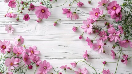 Spring flowers. Pink flowers on white wooden background