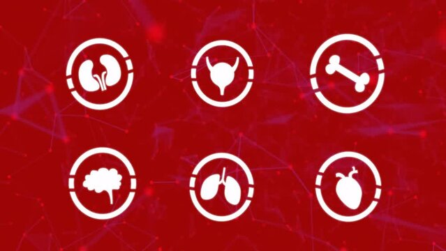 Animation of medical icons over network of connections on red background