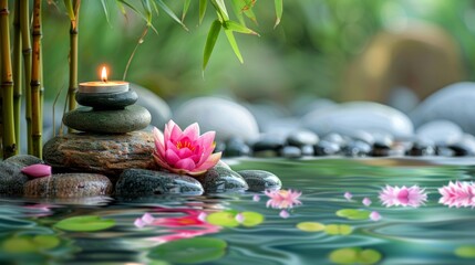 Obraz na płótnie Canvas Spa: Natural Alternative Therapy With Massage Stones And Water Lily in Water with bamboo tree, scented candle, in the style of stone sculptures