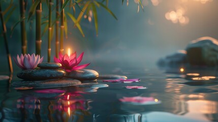 Spa: Natural Alternative Therapy With Massage Stones And Water Lily in Water with bamboo tree, scented candle, in the style of stone sculptures
