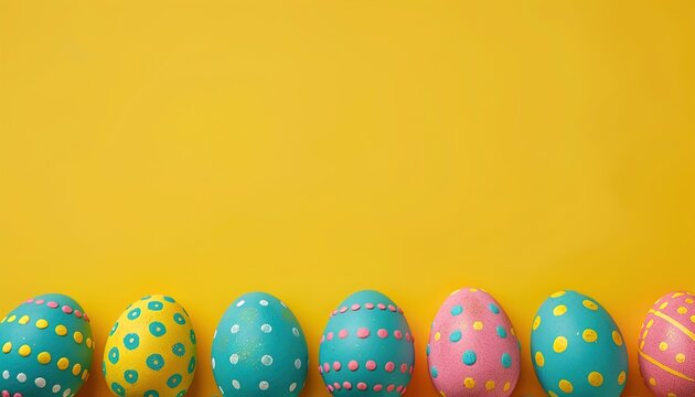 Colorful painted easter eggs on yellow background