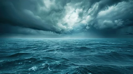 Poster Rainstorm dark clouds and rain drops falling into the ocean sea © kraftbunnies