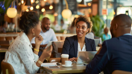 Fototapeta premium a smiling person is holding a coffee cup while engaging in a lively conversation with another individual across the table in a bustling cafe setting.