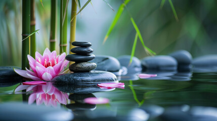 Spa: Natural Alternative Therapy With Massage Stones And Water Lily in Water with bamboo tree, scented candle, in the style of stone sculptures