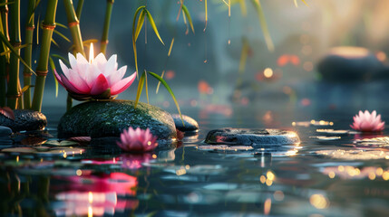 Spa: Natural Alternative Therapy With Massage Stones And Water Lily in Water with bamboo tree, scented candle, in the style of stone sculptures - obrazy, fototapety, plakaty