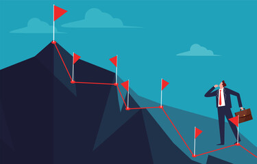 Milestones, milestones and achievements, challenges, progress or growth, businessmen getting goal flag after goal flag as they go to the top of a mountain