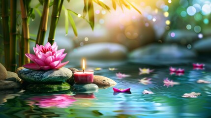 Spa: Natural Alternative Therapy With Massage Stones And Water Lily in Water with bamboo tree, scented candle, in the style of stone sculptures