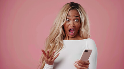 Fototapeta premium A startled woman with wide eyes and an open mouth is holding a smartphone, gesturing with one hand as if reacting to surprising news.