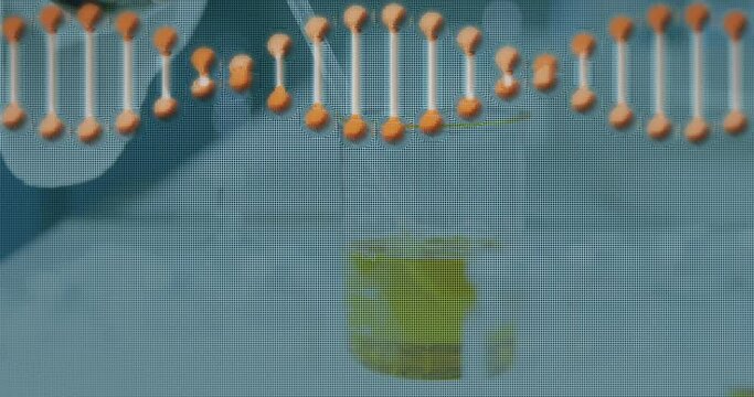 Animation of dna strand over scientist working in lab