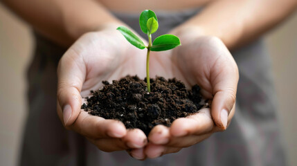 Hands cradle a small green sapling with vibrant leaves and rich soil, symbolizing environmental care, growth, and sustainability.