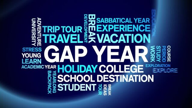 Gap Year animated word cloud;text design animation tag kinetic typography seamless loop.