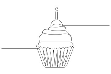 Continuous one line art drawing of birthday cake with cream, candle birthday party symbol of celebration