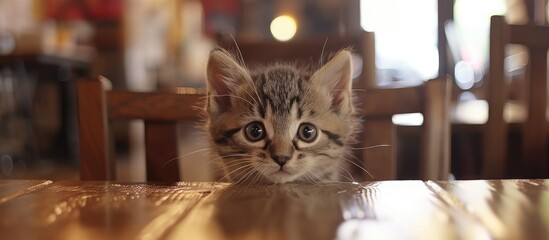 A small, adorable kitten sits on top of a wooden table, looking curiously at its surroundings. The fluffy fur and bright eyes of the kitten stand out against the tables grain. - Powered by Adobe