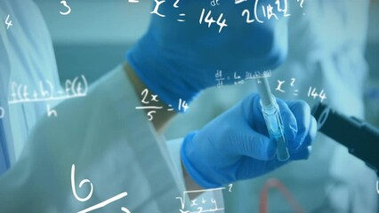 Animation of mathematical equations over biracial male scientist working in lab - Powered by Adobe