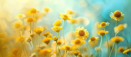 A painting depicting yellow flowers, likely Vibrant Immortelle, blooming vividly against a solid blue background. The artwork showcases the intricate details of the petals and leaves of the medicinal