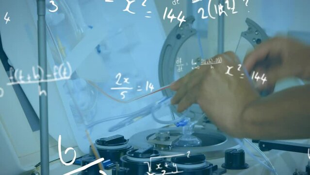 Animation of mathematical equations over biracial male scientist working in lab