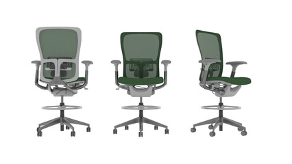 360-degree armchair isolated on white background, front, back, side, and top view of the char 3D rendering, office work concept. Corporate office chair PNG