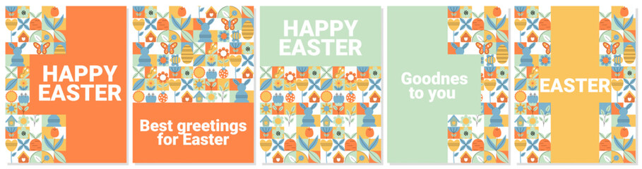 Geometric Easter banners set in retro style for celebration design. Holiday spring concept. Flat minimal vector illustration