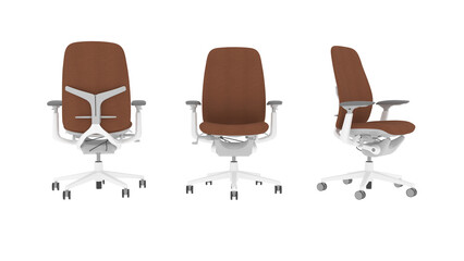 360-degree armchair isolated on white background, front, back, side, and top view of the char 3D rendering, office work concept. Corporate office chair PNG