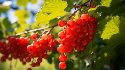 Ripe red currant berries growing on a bush - close up,Red currants on a bush on a sunny day,Red currant berries grow on Bush in garden. Banner,Soft focus on a branch of red viburnum with foliage


 - obrazy, fototapety, plakaty