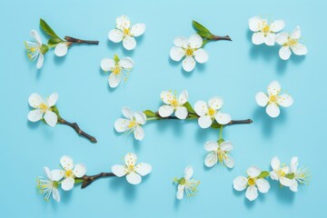 top view flat lay of apple tree branch of a flowering tree on blue background