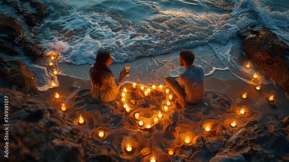 Poster a young couple share a romantic dinner with candles heart on the sea sand beach