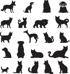 Farm Animals Dog and Cat silhouettes set isolated white background