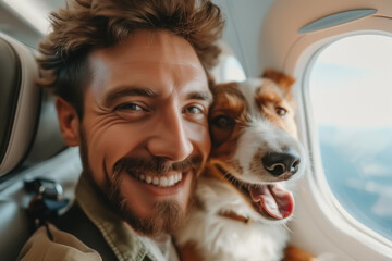 Traveling flight with a dog, happy Caucasian man with his pet on the plane - obrazy, fototapety, plakaty