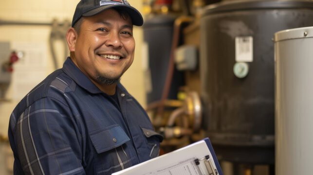 smiling man wearing a baseball cap and a blue plaid shirt over a blue work uniform, holding a clipboard in an industrial or maintenance setting, possibly a technician or a worker.