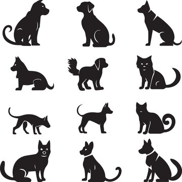 Farm Animals Dog and Cat silhouettes set isolated white background