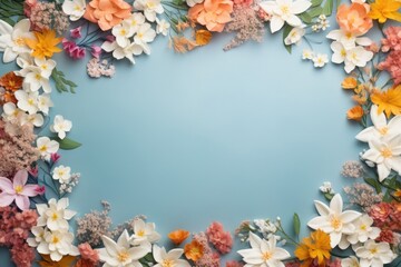 Creative set of bright summer flowers in a frame with copy space on blue background.