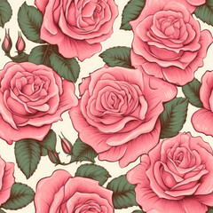 Hand drawn vintage red rose flower with leaf seamless pattern created with Generative AI Technology