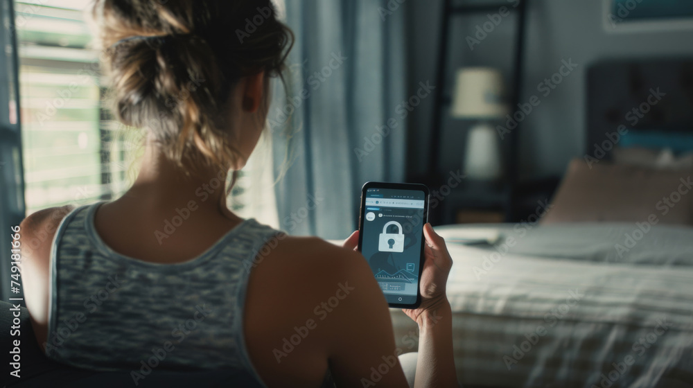 Poster a person's hand is interacting with a smartphone displaying a cybersecurity lock graphic, with a lap