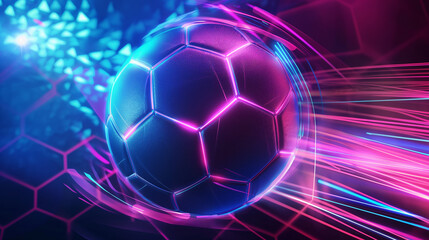 Neon-style illustration, Soccer ball with a dynamic motion trail, Abstract hexagonal pattern background, Vibrant blue and pink neon lines, Futuristic and energetic concept
