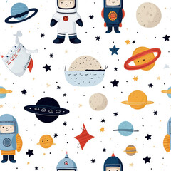 cute simple repeating pattern of flat colored children's drawings of space, rockets, planets, astronauts and stars on a white background 