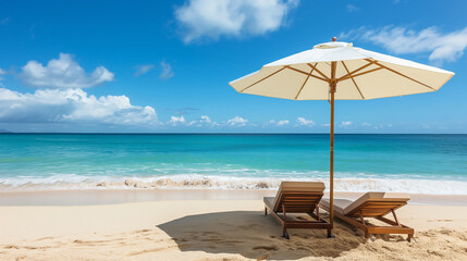 Fototapeta premium Beach umbrella providing shade on a bright sunny day, Sun loungers underneath, Concept of travel, summer beach holiday, Soft sand and gentle waves