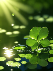 A photo of very beautiful Green clvoer leaf in water with bokeh and sun rise Generative AI