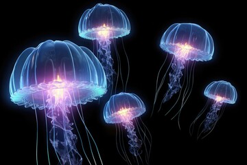 Background of Jellyfish Japanese Sea Nettle (Chrysaora pacifica) poisionous jellyfish. Blue neon...