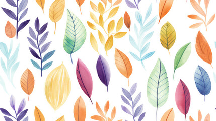 Seamless pattern watercolor colored various types of plant leaves on a white background created with Generative AI Technology