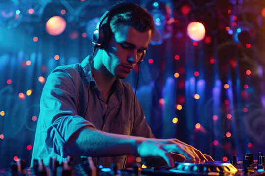 Young man DJ wearing headphones and playing music in night club party