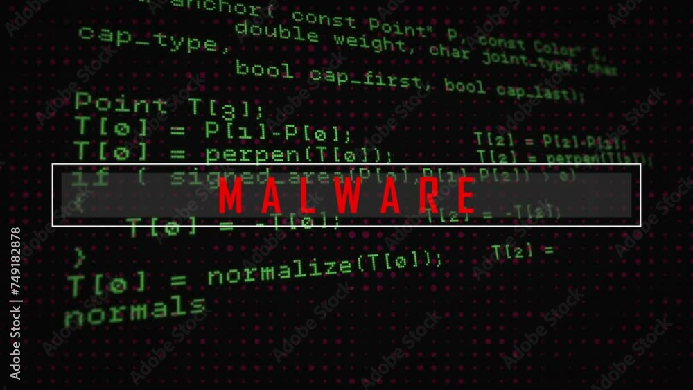 Poster animation of malware text over data processing on black background