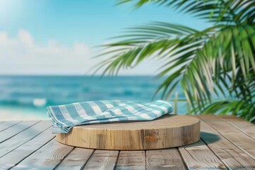 Empty wooden podium with tablecloth on table over tropical beach bokeh background. Summer mock up for design and product display. generative ai. - obrazy, fototapety, plakaty