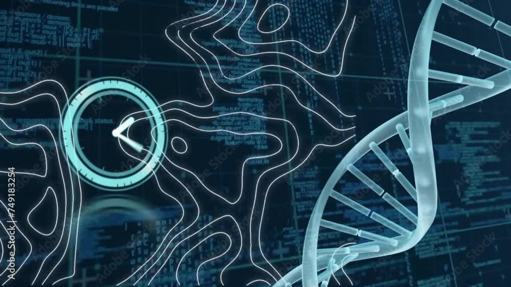 Poster animation of dna strand with moving clock and white lines over data processing on black background